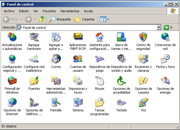 Captura de pantalla del panel de control de Windows