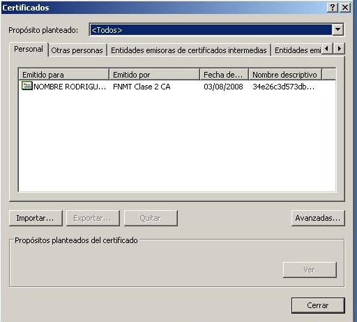 Captura de pantalla que muestra los certificados digitales instalados en el navegador