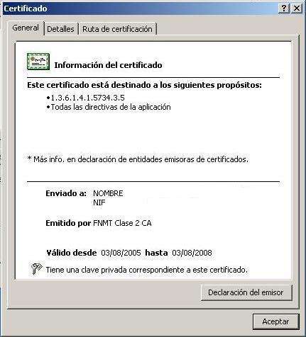 Captura de pantalla que muestra  los propósitos del certificado digital, la persona a la que pertenece, el emisor y la validez